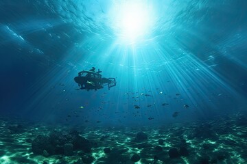 touristic submersible equipped with powerful lights and state-of-the-art imaging equipment, it captures mesmerizing footage of underwater ecosystems and elusive creatures. AI-generated.