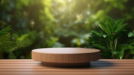 Wooden product display  with green nature background 