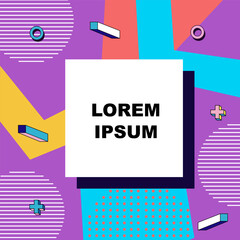 Abstract background square card with various geometric shapes ornaments and blank text space. Square wallpaper with geometric memphis style.