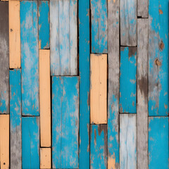 Close-up of an old wooden fence boards with peeling paint. Texture pastel gentle blue background. Perfect for a natural or vintage theme. Rustic hardwood planks. Generative AI
