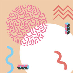 Abstract background square card with various geometric shapes ornaments. Square wallpaper with geometric memphis style.