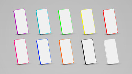 A set of 3D smartphones in different colors: blue, pink, white, purple, red, white, yellow and black. Mackup of mobile phones.