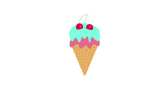 Animation of background with ice cream. Summer ice cream cones moving on a white background. 4K resolution summer dessert loop animation.