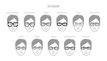 Set of Octagon frame glasses on women face character fashion accessory illustration. Sunglass front view unisex silhouette style, flat rim spectacles eyeglasses with lens sketch style outline isolated