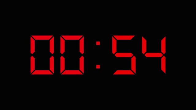 digital font  60 seconds countdown timer  on black background