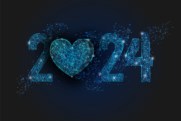 Abstract isolated blue image of new year number 2024. Polygonal low poly wireframe illustration looks like stars in the blask night sky in spase or flying glass shards. Digital web, internet design. © Katsiaryna