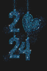 Abstract isolated blue image of new year number 2024. Polygonal low poly wireframe illustration looks like stars in the blask night sky in spase or flying glass shards. Digital web, internet design. © Katsiaryna
