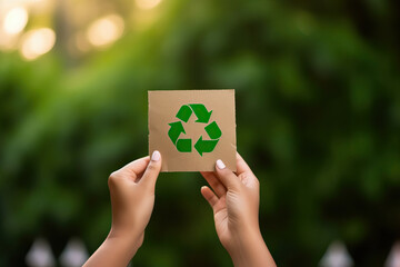 Photo of a person promoting recycling by holding up a cardboard box with green recycle sign