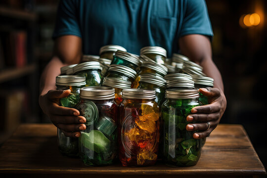 Photo of a man holding multiple recycled jars filled with food
