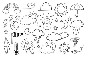 Hand-drawn rough line drawing weather motif set