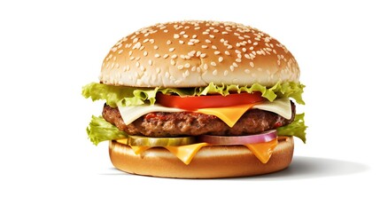 A juicy hamburger with melted cheese, crisp lettuce, and ripe tomato slices on a sesame seed bun