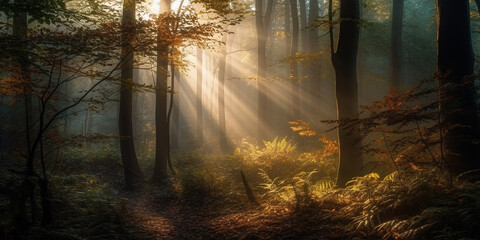 Obraz premium Landscape of autumn deciduous forest in sunny and slightly foggy weather. Generative AI