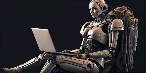 A humanoid robot sits and works on a laptop, close-up. Generative AI