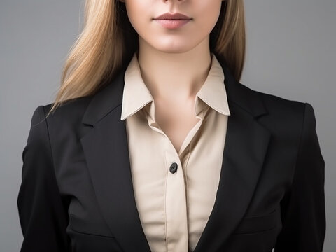 Upper body of a beautiful young female secretary, close-up. Generative AI