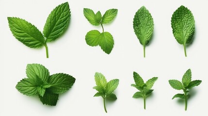 Various shades of green leaves on a clean white background