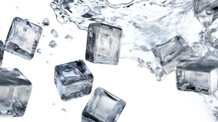 Obraz premium Ice cubes dropping into a glass of water, creating splashes and ripples