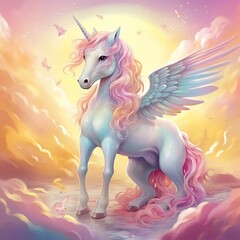 Naklejka na ściany i meble cute rainbow baby pegasus unicorn , magic horse , fantasy magic ,Generative AI 