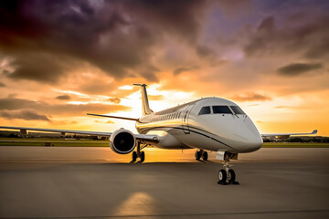 Fototapeta na wymiar Illustration of a large luxury private jet against sunset sky, Generative AI image.