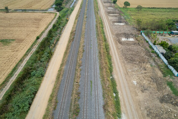 Aerial view from flying drone of railroad tracks