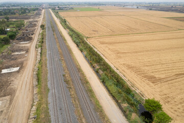 Aerial view from flying drone of railroad tracks