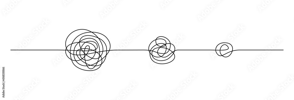 Poster one continuous line drawing of way from complex chaos to simplicity. concept of problem solving and 