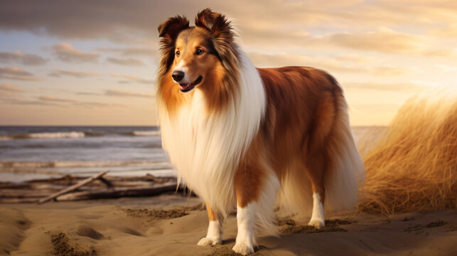 collie dog standing on beach, in the style of light brown and white, dutch and flemish, bold yet graceful, voluminous mass, smooth and shiny, rtx on, nabis , --aspect 16:9 