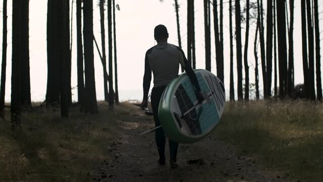 Man walking through pine forest to water with stand up paddle board in his hands