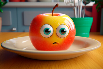 Juicy red yellow apple on plate. Generative AI. Cute cartoon character apple with eyes. Apple Day, Cider Festival. Healthy breakfast or lunch for kid. Adorable Image for kid-friendly food, lunch-Box