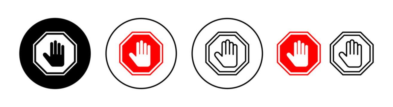 Stop icon set for web and mobile app. stop road sign. hand stop sign and symbol. Do not enter stop red sign with hand