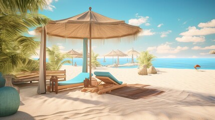 Fototapeta na wymiar lounge chairs and umbrella on the beach