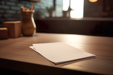 Sheets for writing on kitchen table, with out-of-focus background