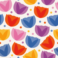 Cheerful tulip seamless vector pattern. Bright, bold, colorful floral design in a modern style. Simple, minimal, graphical flower shapes in vibrant, fun colors. Repeat background, wallpaper print.