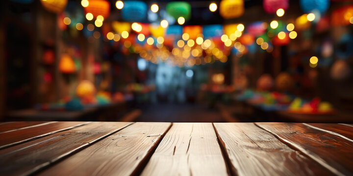 Empty wooden table with Mexican fiesta background out of focus
