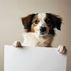 A dog holding empty paper poster with copy space.generative AI