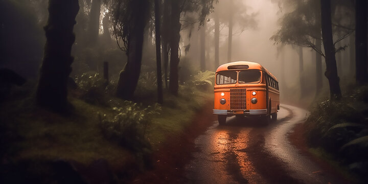 A classic yellow bus  in the middle of misty forest , AI generated image.