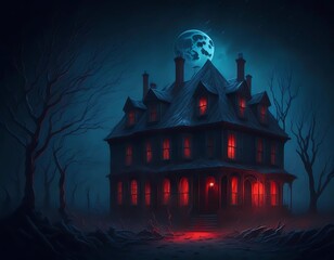 big terrorific mansion with red and black colors, weird house in the woods, scary house on halloween, horror on halloween, tenebrous red lights, by generative ai