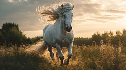 A Majestic Wild White Horse Galloping Freely Across an Open Field - Mane Flowing in the Wind - Dramatic Outdoor Lighting - Generative AI