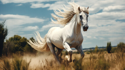 Obraz na płótnie Canvas A Majestic Wild White Horse Galloping Freely Across an Open Field - Mane Flowing in the Wind - Dramatic Outdoor Lighting - Generative AI