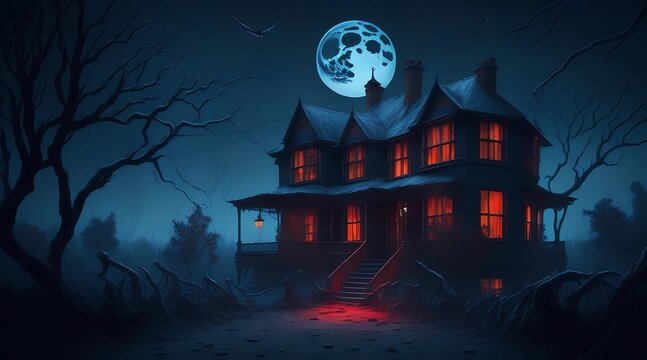 tenebrous red lights, scary house on halloween, weird house in the woods, horror on halloween, big terrorific mansion with red and black colors, by generative ai