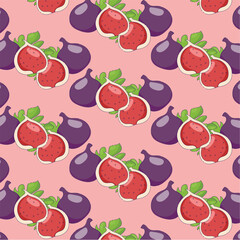 Pattern with fresh ripe delicious juicy figs whole and cut in half and quarter. Fig isolated on white background. Vector hand drawn illustration. Fruits