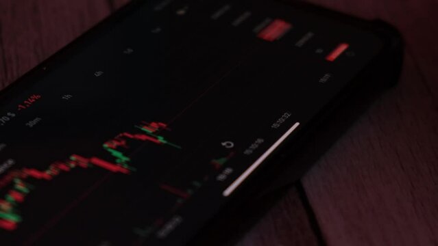 Investment stockbroker analysis data graph with price rates. Crypto trader investor broker holding using smartphone app analyzing financial data stock market on cell phone, checking online trading