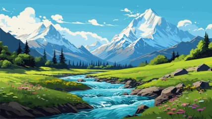 Foto op Canvas Beautiful landscape. Small river. Mountains on the horizon. Green meadow. Forest. Clear sky. Bright warm colors. The beauty of the nature. Landscape work of art. Vector illustration design. © Andrey Shtepa