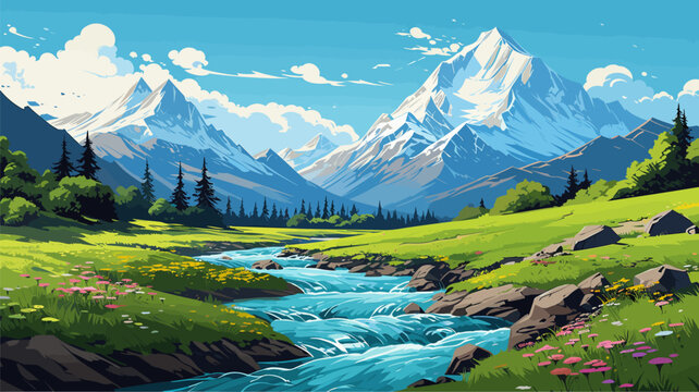 Beautiful landscape. Small river. Mountains on the horizon. Green meadow. Forest. Clear sky. Bright warm colors. The beauty of the nature. Landscape work of art. Vector illustration design.