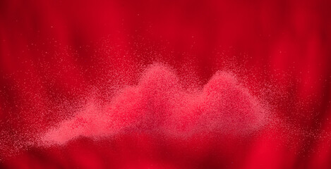 Small Fine size Sand flying explosion, Red Hot wave explode, abstract cloud fly. Red burn colored sand splash throwing Air. Volcano Lava wallpaper background high speed shutter, freeze stop motion