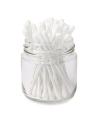 Glass jar with clean cotton buds isolated on white