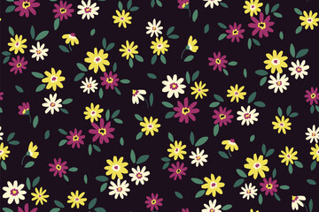 Seamless floral pattern, liberty ditsy print with mini cute flowers. Romantic botanical design of fabric, textile: small hand draw daisy flowers, tiny leaves on a dark background. Vector illustration.