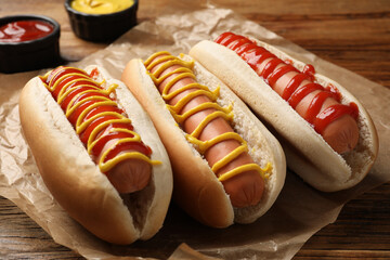 Delicious hot dogs with mustard and ketchup on wooden table, closeup