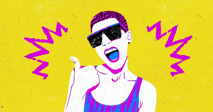 Joyful girl shows thumbs up gesture. Motion design fun animation. Art collage, magazine style. 