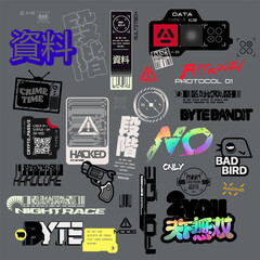 Cyberpunk decals set. Set of vector stickers and labels in futuristic style. Inscriptions and symbols, Japanese hieroglyphs for matchless, step, material. - obrazy, fototapety, plakaty