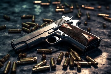 A pistol among the bullets on the concrete floor. Background with selective focus. AI generated, human enhanced